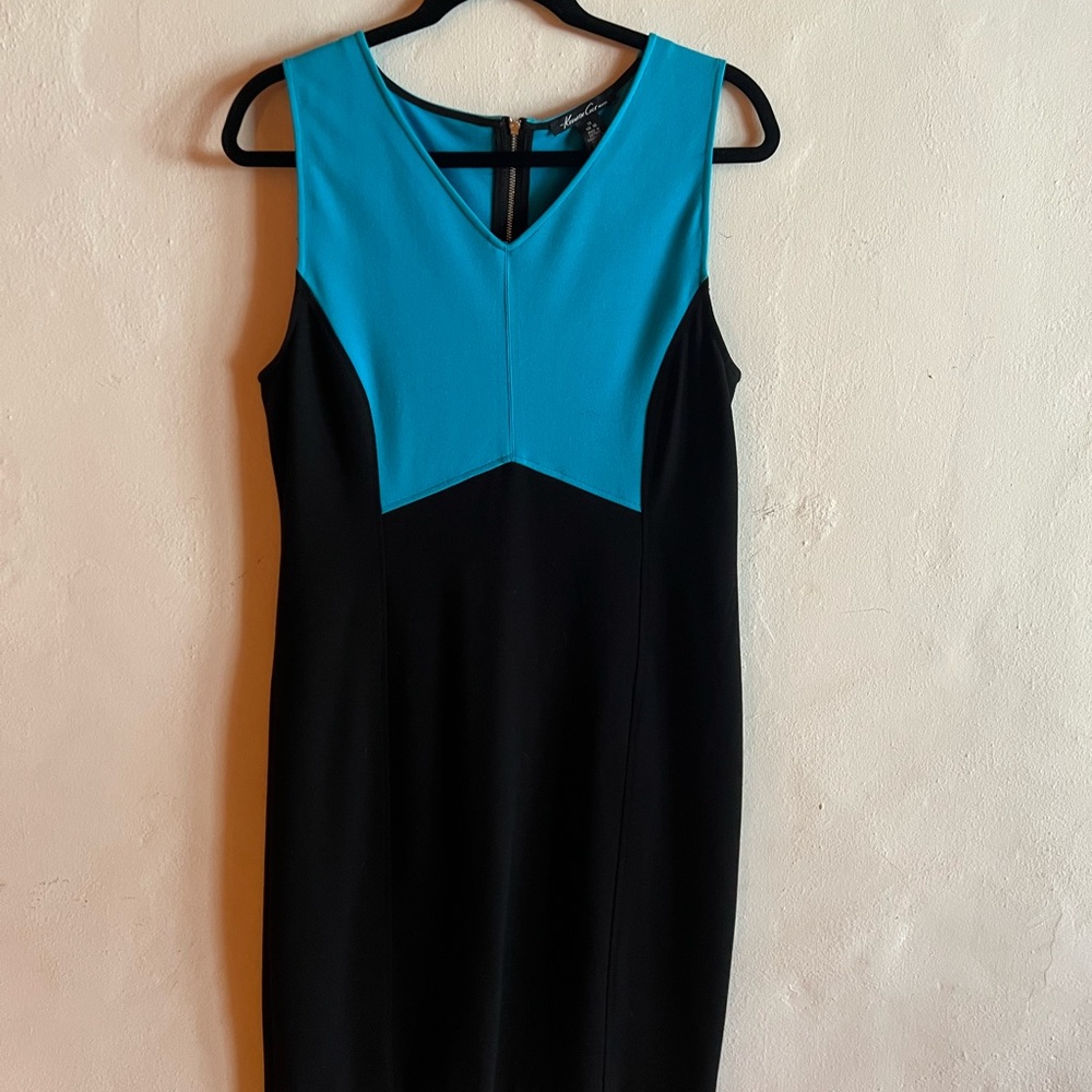 Kenneth Cole black and turquoise color block sleeveless dress